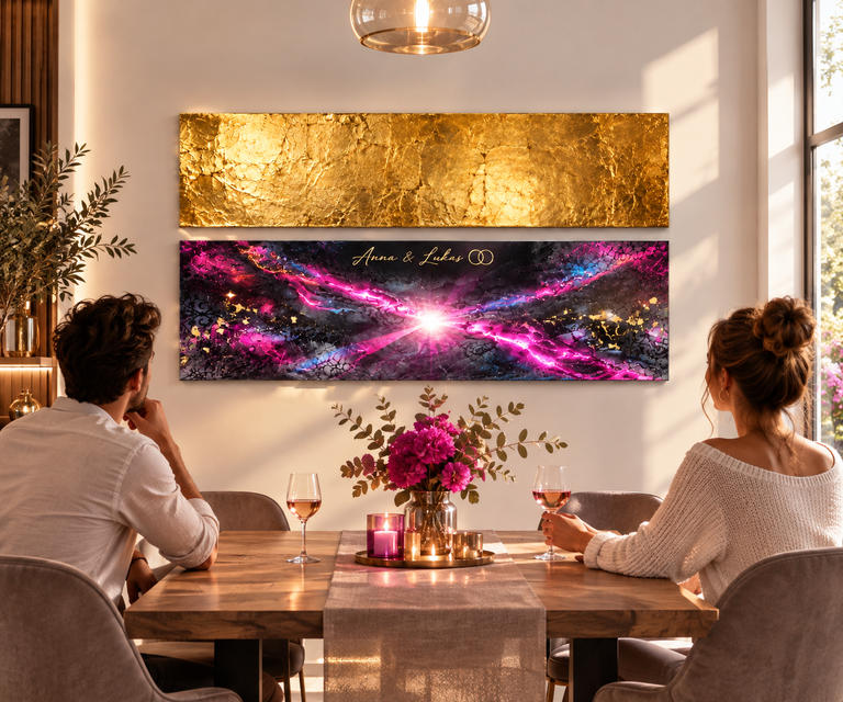 Zwei Personen, ein Mann und eine Frau, sitzen an einem gedeckten Holztisch in einem hellen Raum und schauen auf zwei abstrakte Wandbilder, eines golden und eines mit pinken und blauen Lichtlinien, mit der Aufschrift 'Anna & Lukas' und zwei Ringen.